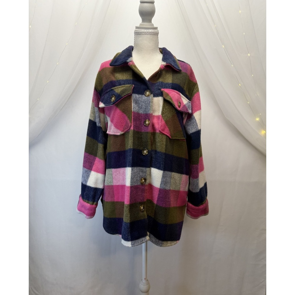 Time and Tru Women's Plaid Button Front Shacket Multicolor Size L